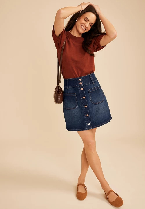 Dark High Rise Double Button Denim Mini Skirt | maurices | Maurices