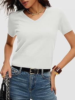 ANRABESS Womens Short Sleeve Sweaters Cropped V Neck Business Casual Lightweight Sweater Tops Sum... | Amazon (US)