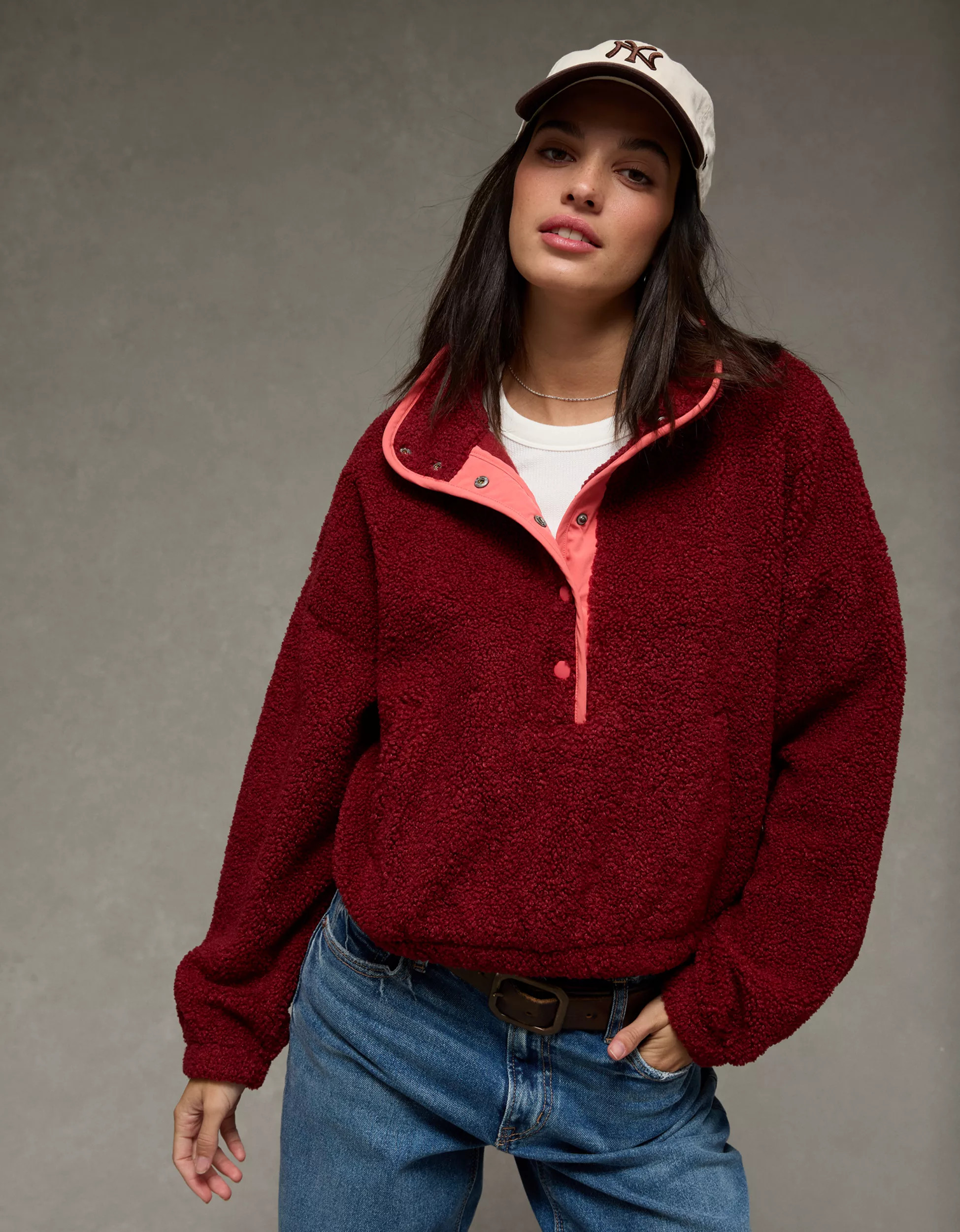 AE Relaxed Sherpa Fleece Henley Sweatshirt | American Eagle Outfitters (US & CA)