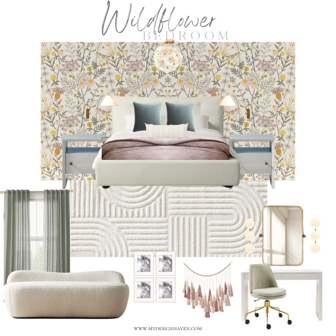 This serene wildflower-inspired bedroom design blends soft florals, calming neutrals, and layered textures to create a peaceful and inviting retreat. The delicate botanical wallpaper sets a romantic yet timeless foundation, while the neutral upholstered bed, textured area rug, and soft window treatments add warmth, comfort, and balance. Muted greens, blush tones, and creamy neutrals work together to create a cohesive color palette that feels soothing and effortlessly elegant.

Thoughtfully selected lighting, furniture, and wall art elevate the space with a refined yet approachable feel, striking the perfect balance between feminine charm and modern comfort. If you’d like to work with me on a more tailored design to fit your specific needs and space, you can find me on Instagram @mydesignhaven or visit my website at www.mydesignhaven.com. 

#LTKValentine #LTKmomlife #LTKHome