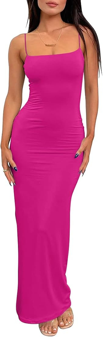 LILLUSORY Womens Summer Casual Slip Long Dresses Sexy Prom Sleeveless Blackless Bodycon Party Maxi D | Amazon (US)