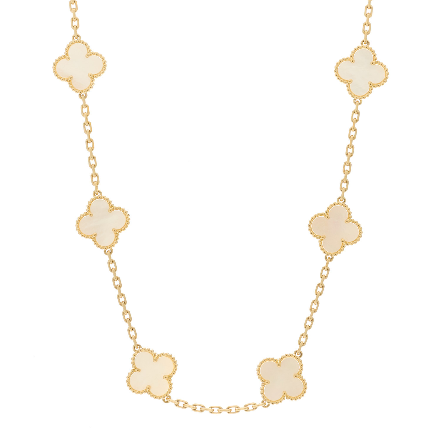 18K Yellow Gold Mother of Pearl 10 Motifs Vintage Alhambra Necklace | FASHIONPHILE (US)