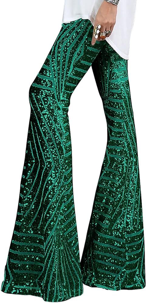BLENCOT Women's Glitter Sequin Wide Leg Palazzo Pants High Waist Bell Bottoms Party Flared Trouse... | Amazon (US)