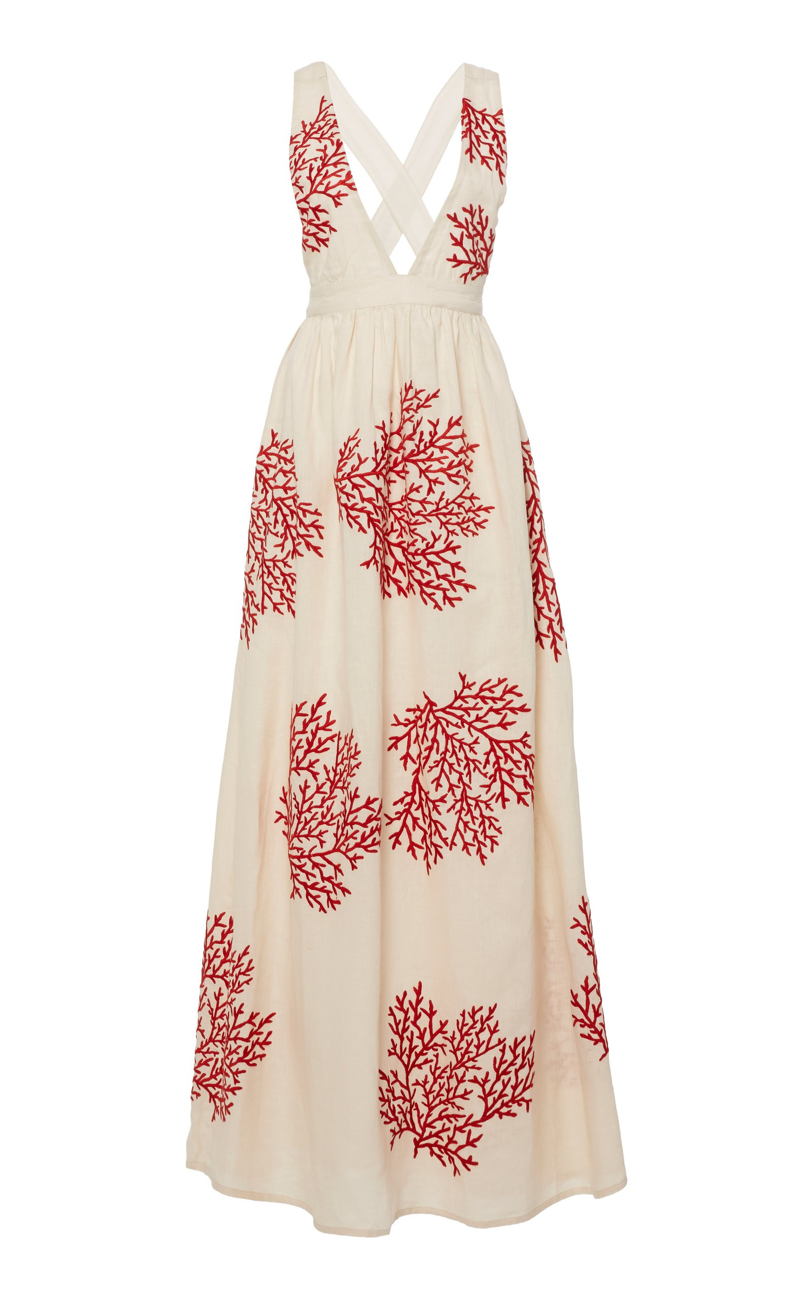 Naturalia Coral-Printed Cross-Back Linen Dress | Moda Operandi Global