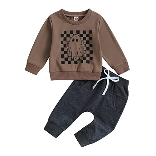 Toddler Baby Boy Halloween Outfit Checkerboard Ghost Print Crew Neck Sweatshirt Pants Cute Newborn Fall Clothes Set (Ghost Brown, 2-3 Years) | Amazon (US)