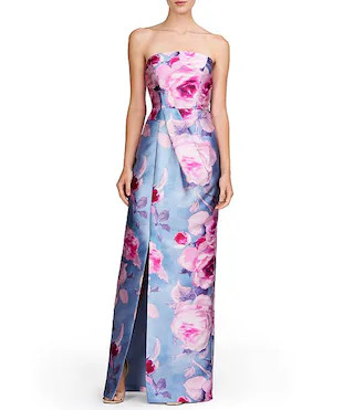Mikado Floral Print Strapless Neck Sleeveless Pleated Sheath Gown | Dillard's