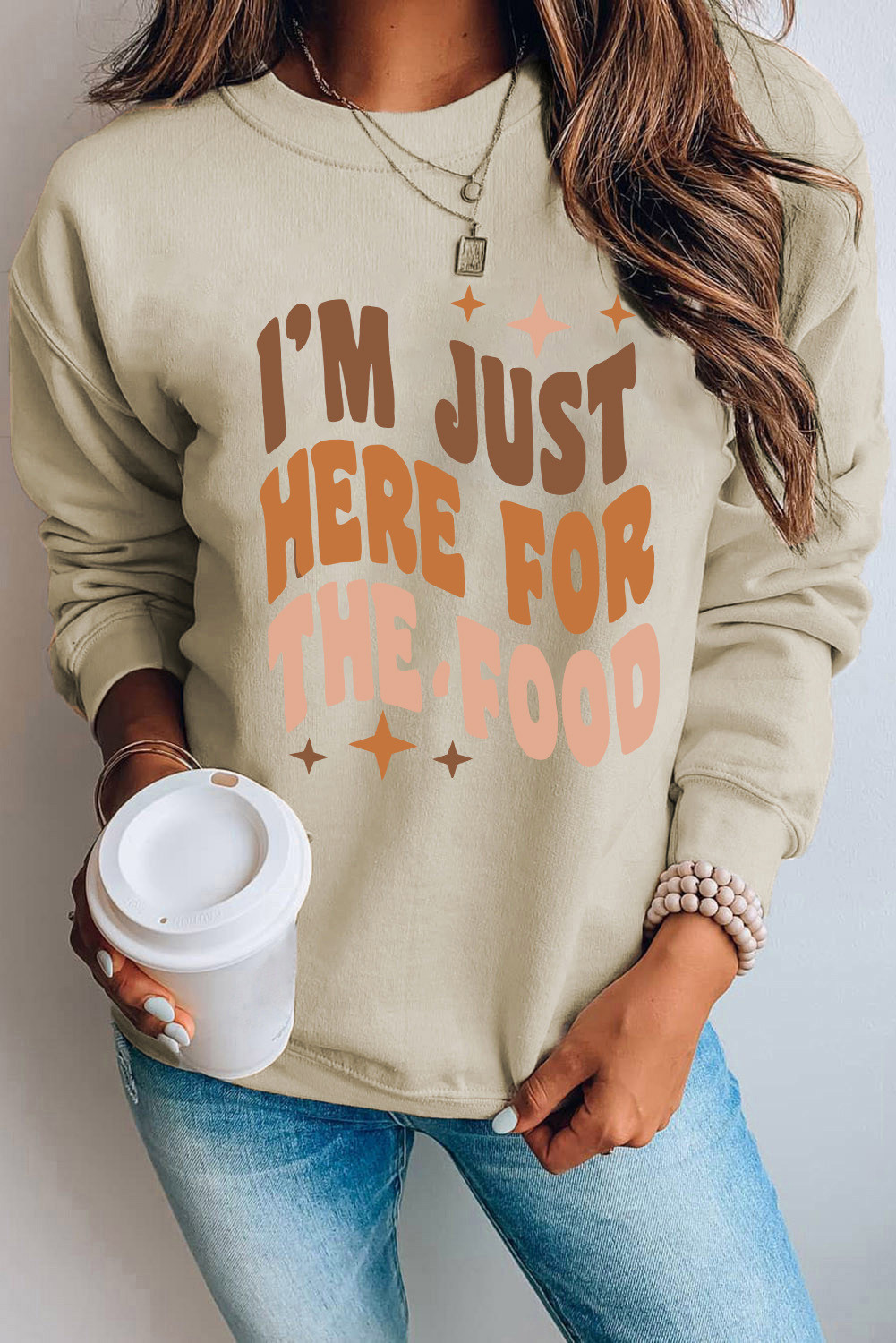 Khaki IM JUST HERE FOR THE FOOD Graphic Sweatshirt | Shewin