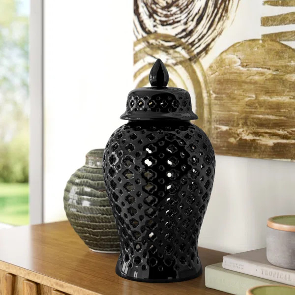 Temple Jar - Ceramic Clover Cut-Out Classic Contemporary Decorative Jar Accent - Simple Black Cen... | Wayfair North America