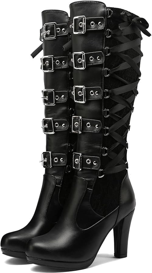 KysBloes Women Lace Goth Knee High Boots Buckle Block Heel Lace Up Knee Length Boots Punk Platfor... | Amazon (US)