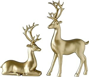 BULINGNA 2Pcs Christmas Reindeer Figurines, Resin Elk Sculpture Miniature Figurine Xmas Deer Stat... | Amazon (US)