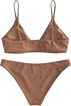 ZAFUL Women's Solid Spaghetti Strap Bralette Bikini Set Two Piece Swimsuit | Amazon (US)