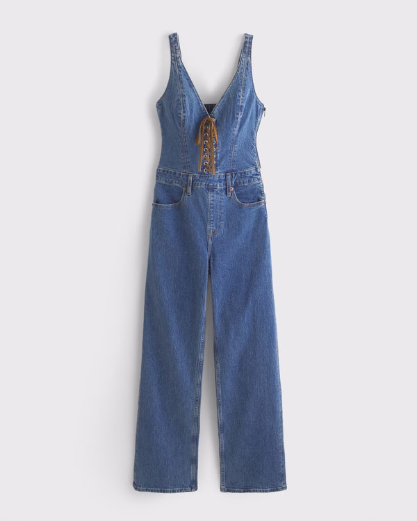 Vegan Suede Lace-Up Denim Jumpsuit | Abercrombie & Fitch (US)