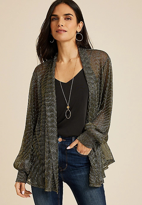 Metallic Plisse Blouson Sleeve Cardigan | Maurices