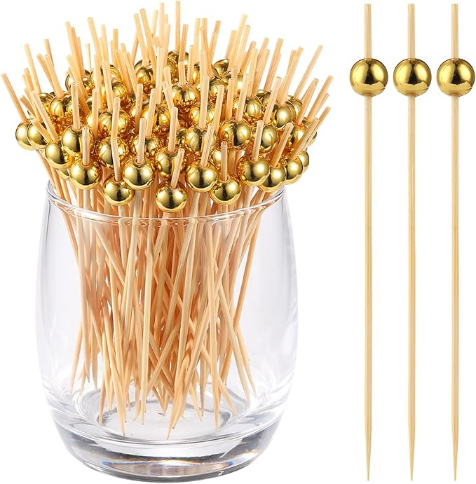 200 Pcs Cocktail Picks, Gold Plastic Ball Decor Skewer for Appetizers, Fruit, Kebabs, Mini Burger... | Amazon (US)