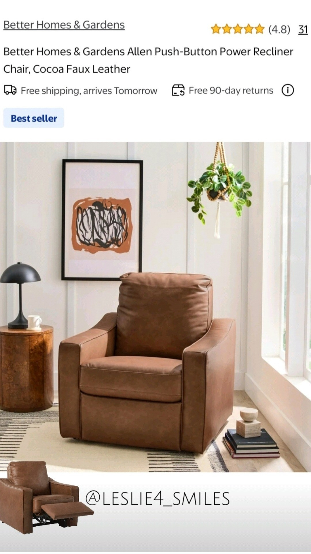 By far THE most AFFORDABLE power recliner I've ever bought 🌟⭐️🌟⭐️🌟 Wow, I just read all the reviews before buying & super super impressed & happy so far. Also has hidden power buttons making it look more sophisticated than a typical bulky oversized mancave kinda recliner, lol (not that there's anything wrong w/ that 😄) Been sleeping in this for the past 6 nights now, since having my 🍈🍈 en bloc explant surgery & would 100% recommend if youre iso a really good budget friendly power recliner ♡ also available in a linen wheat neutral color as well -- including the amazon pillow that i got which matches  so well together w/ this cocoa brown recliner  #home chair cocoa recliners football season post surgery home furniture den office game room lounge read nap faux leather Walmart under $400 minimialist interior modern rustic entertainment recreation recent personal #faves favorites september October better homes & gardens amazon 

