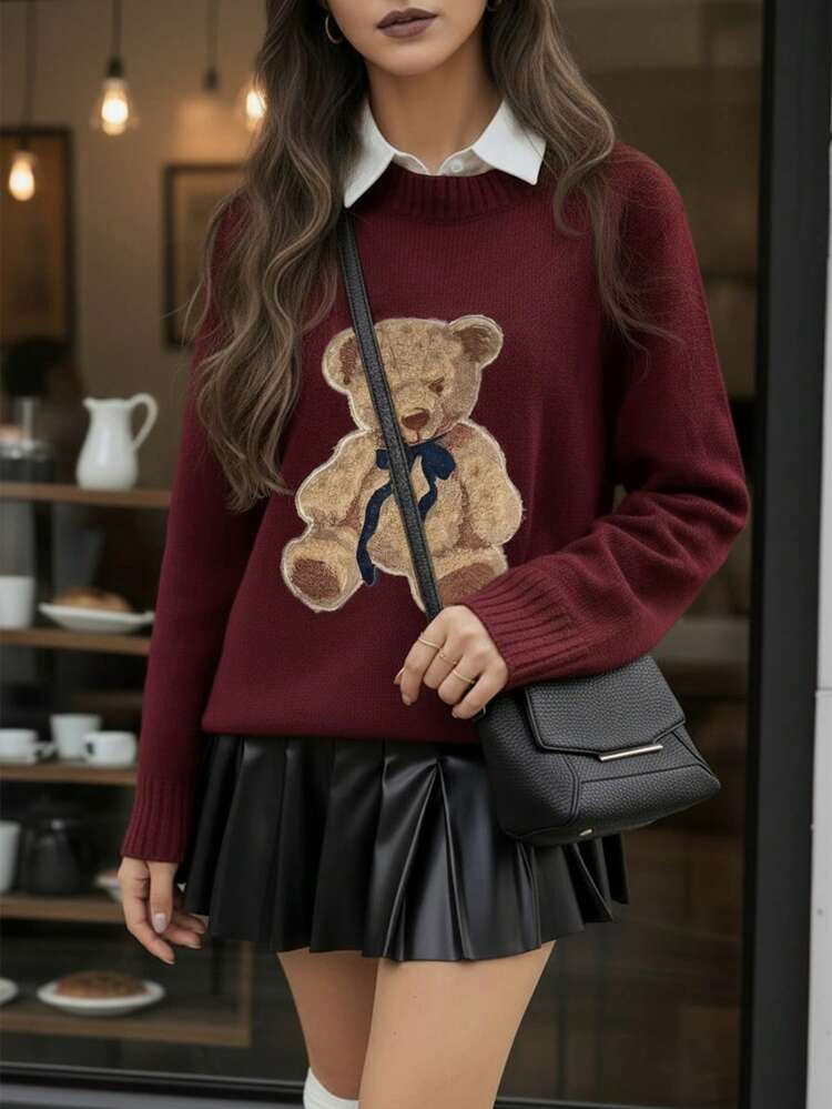 Women's Casual Cartoon Bear Ribbed Crew Neck Knit Long Sleeve Sweater, Suitable For Autumn/Winter | SHEIN