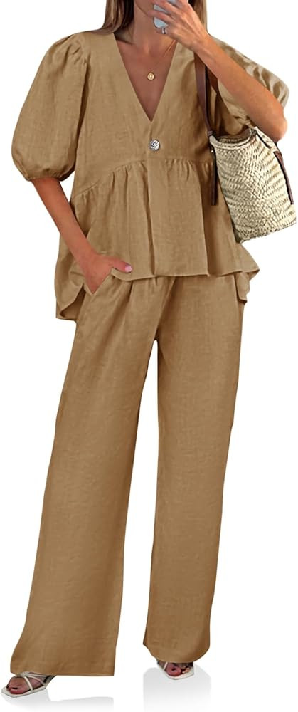 Tankaneo Womens 2 Piece Linen Sets Summer Vacation Outfits V Neck Puff Sleeve Babydoll Tops Wide ... | Amazon (US)