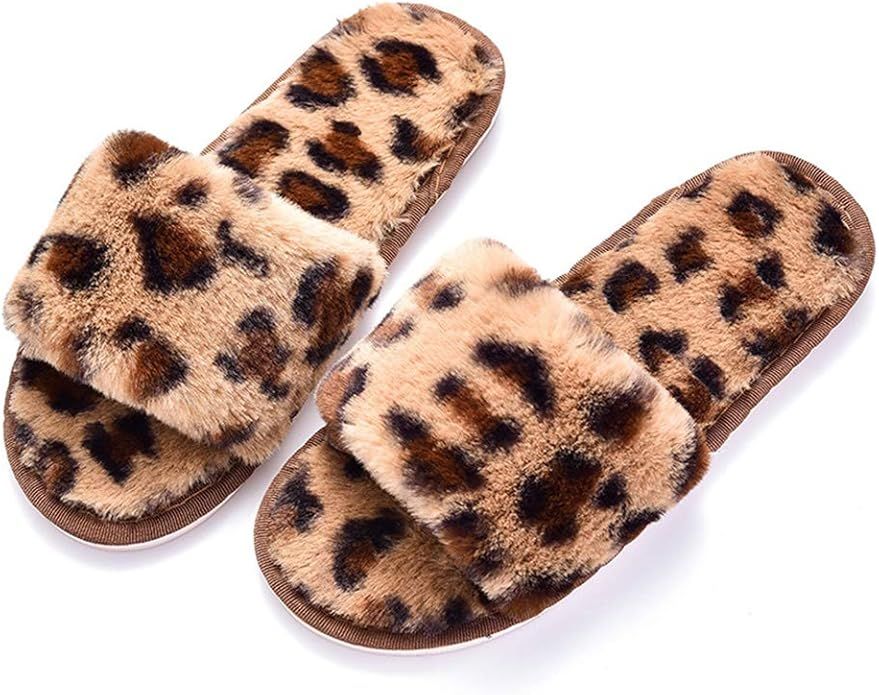 Women's Fur Fluffy Furry Fuzzy Slipper Black Flip Flop Open Toe House Sandal Soft Winter Flat Ant... | Amazon (US)