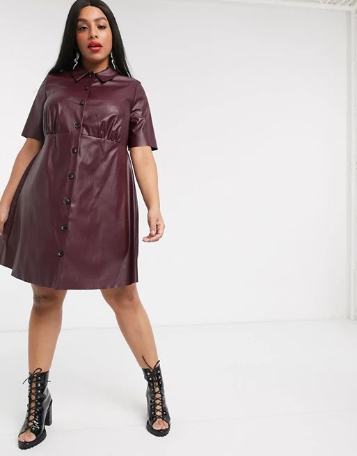 ASOS DESIGN Curve leather look mini shirt dress in burgundy | ASOS US