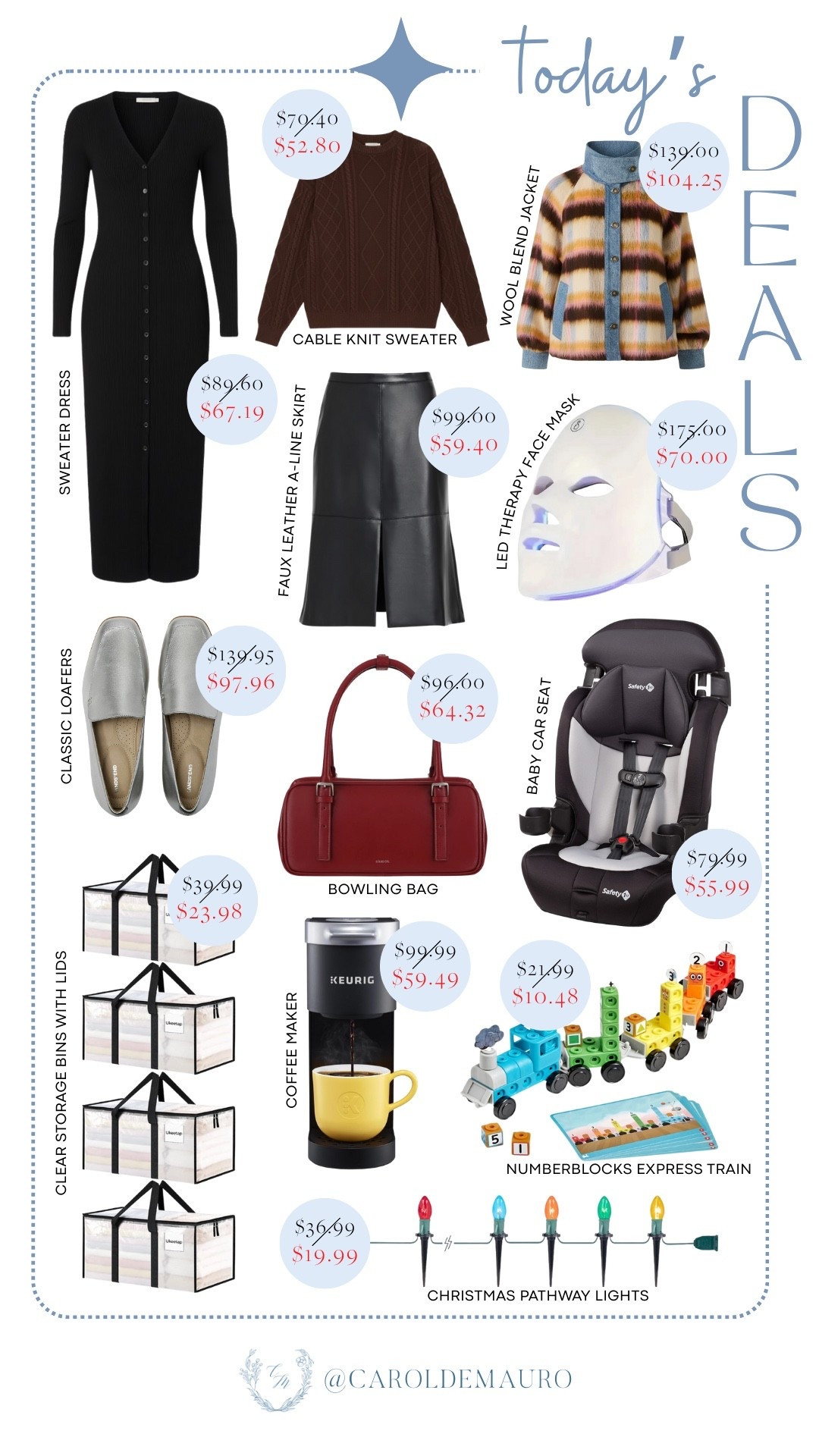 Get ready for today's deals with cozy styles like the sweater dress and cable knit sweater, chic pieces such as the faux leather A-Line skirt and classic loafers, and accessories like the bowling bag, alongside practical items like the LED therapy face mask, baby car seat, storage bins with Lids, and coffee maker! 

winter fashion, elevated basics, fashion accessories, sweater weather, beauty finds, toddler toys, baby registry, home decor

#LTKSeasonal #LTKFindsUnder100 #LTKSaleAlert