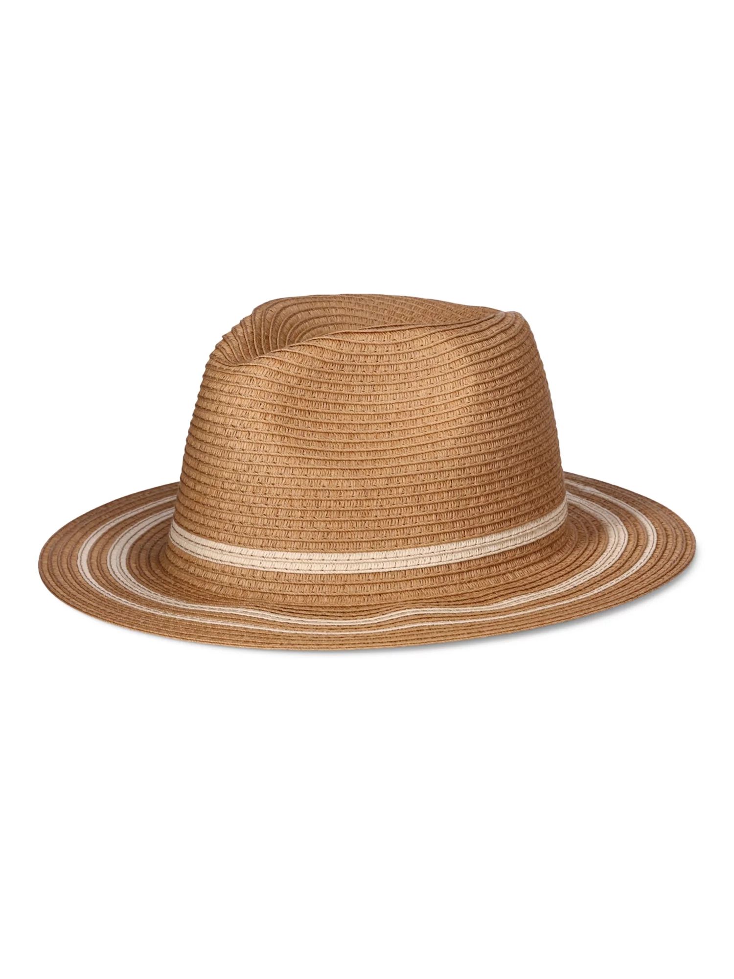 Time and Tru Women's Striped Straw Panama Hat, Beige | Walmart (US)