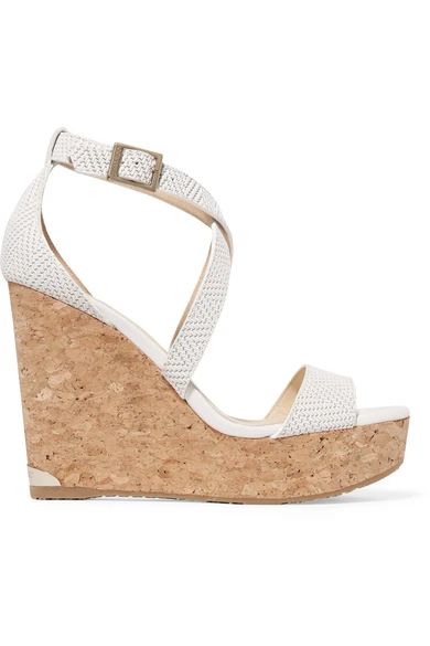 Jimmy Choo - Portia 120 Woven Leather Wedge Sandals - White | NET-A-PORTER (US)