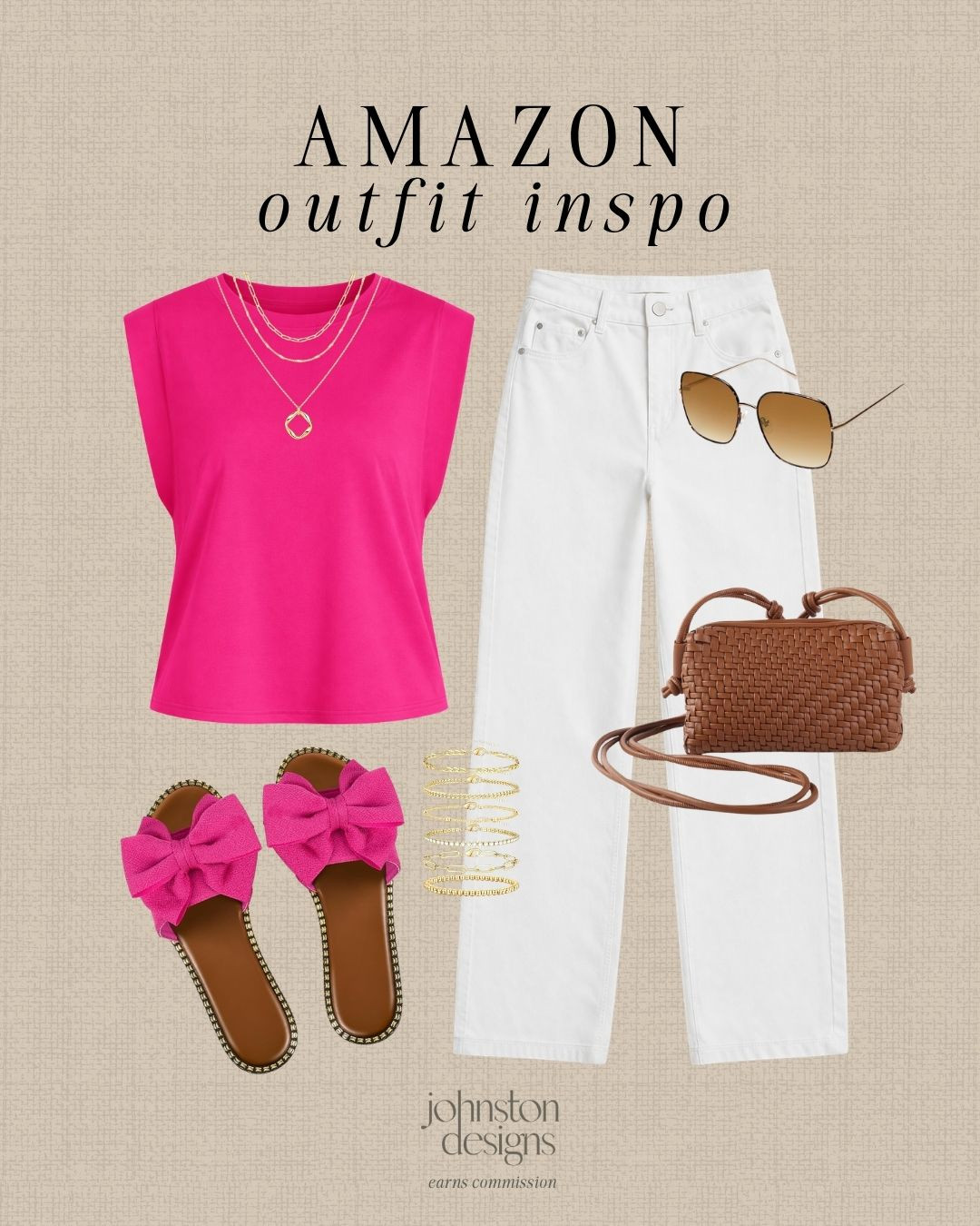 Amazon outfit inspo with a pop of pink, white denim and easy summer accessories. 💕

Amazon style, outfit inspo, pink top, white jeans, bow sandals, woven bag, gold jewelry, sunglasses, summer outfit, casual look, date night style, vacation outfit, warm weather fashion, affordable finds 

 #LTKootd