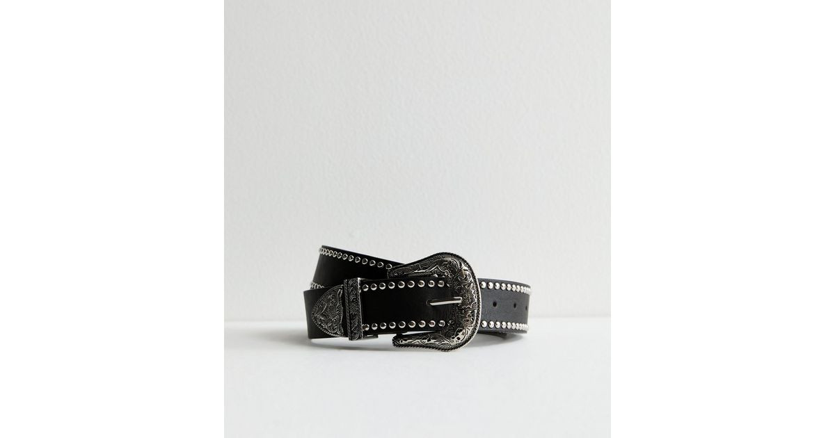 Black Leather-Look Stud Detail Engraved Buckle Belt | New Look | New Look (UK)