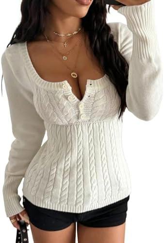 ZAFUL Women's Square Neck Cable Knit Sweater Button Front Ribbed Y2K Casual Slim Fit Going Out Lo... | Amazon (US)