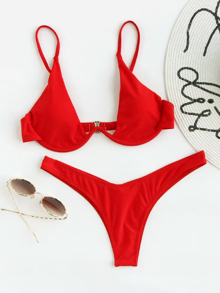 Swim Basics Summer Beach Mono Bikini Set Underwired Bra & High Cut Bottom 2 Piece Bathing Suit | SHEIN