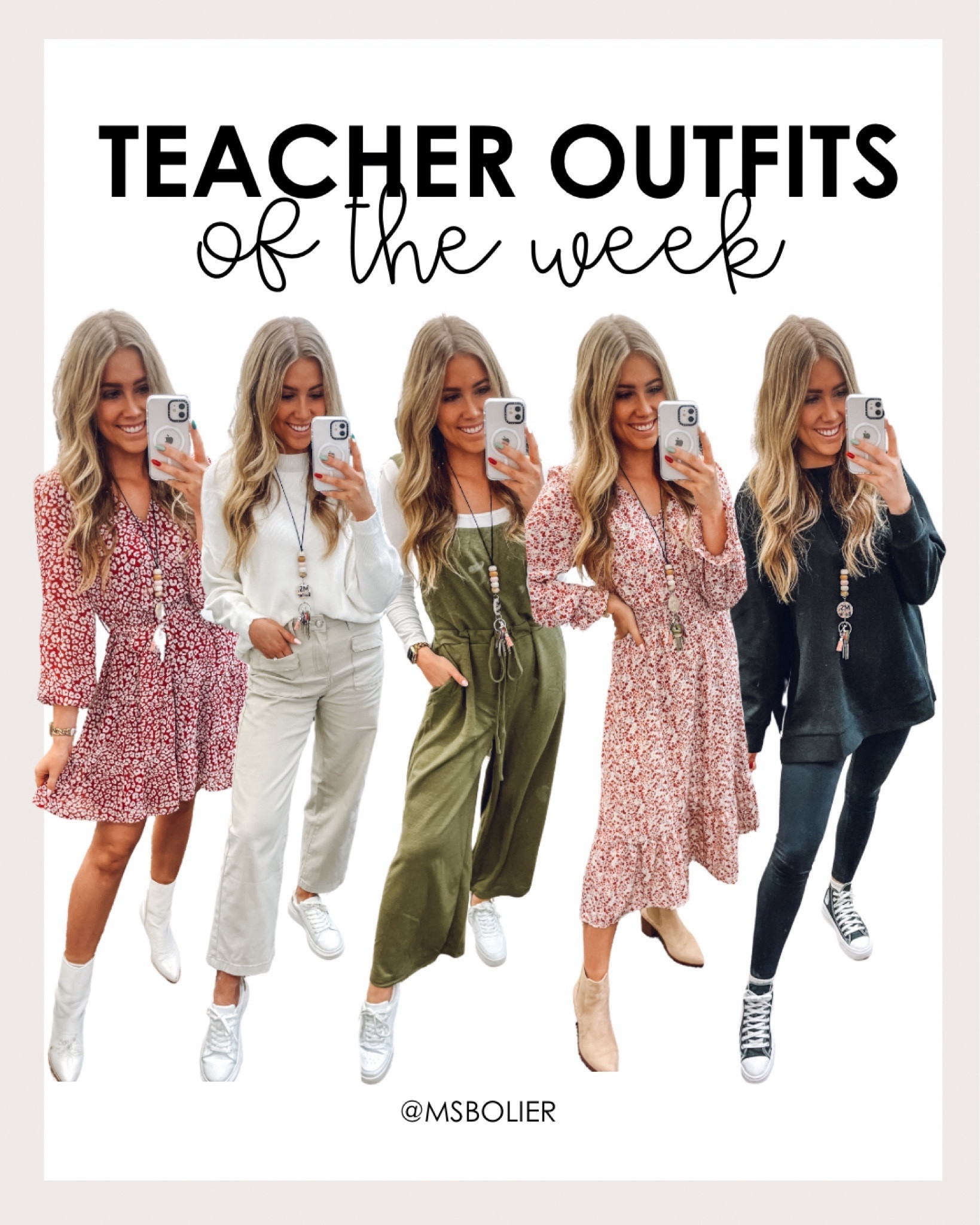 Teacher outfits of the week!! 

🔴 short red dress: true to size, 
wearing my usual size M
white boots: size up half

⚪️ white sweater: wearing M
cream pants: true to size, so comfy!
sneakers: size up half 

🟢 green overalls: size down one, I’m wearing M and it’s a little too big on me, wish I got a Small
white bodysuit: true to size & comfy
white sneakers: true to size 

🔴 long red dress: wearing M
tan boots: size up half 

⚫️ black sweatshirt: wearing usual size m so already oversized 
leggings: true to size & comfy 
converse: true to size & comfy 

| December outfits | holiday outfits | work outfits | teacher fashion | middle school teacher | amazon fashion 

#LTKfindsunder100 #LTKSeasonal #LTKworkwear