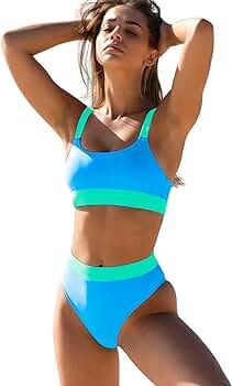 Women High Waisted Bikini Set Sports Color Block Swimsuit Scoop Neck Cheeky Bathing Suit | Amazon (US)