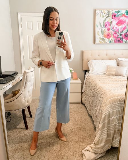 Spring Workwear // Spring Outfit // White Blazer // Wide Leg Pants 

- White Blazer: Size 6
- White High Neck Bodysuit: Size Medium 
- Blue Wide Leg Cropped Pants: Size 6
- Nude Pumps: Size 8

#LTKworkwear #LTKSeasonal #LTKstyletip