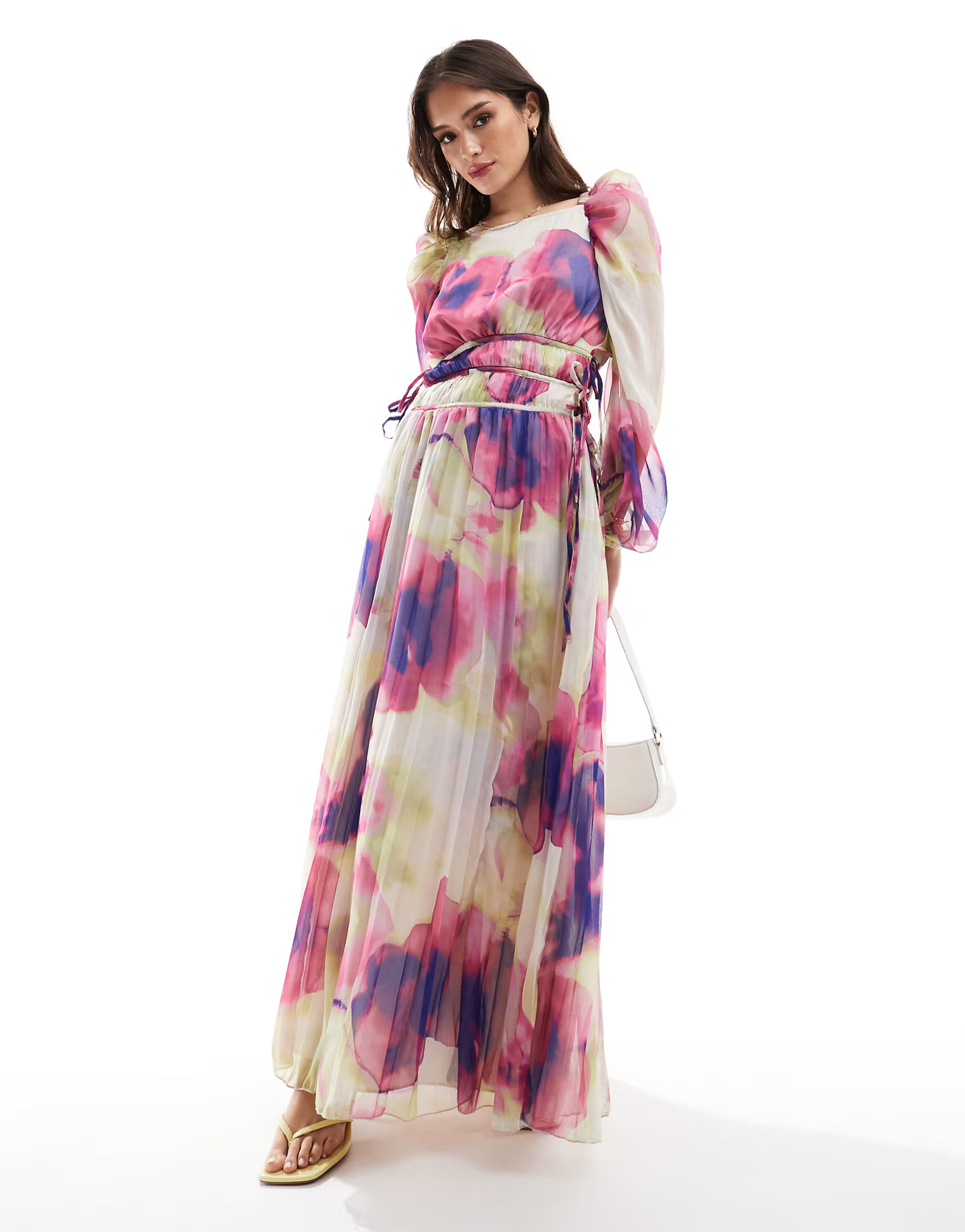 ASOS DESIGN pleated drawstring bodice maxi dress in blurred floral print | ASOS | ASOS (Global)