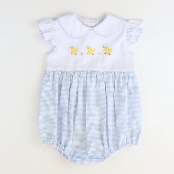 Embroidered Baby Chicks Collared Girl Bubble - Light Blue Mini Check Seersucker | Southern Smocked Co.