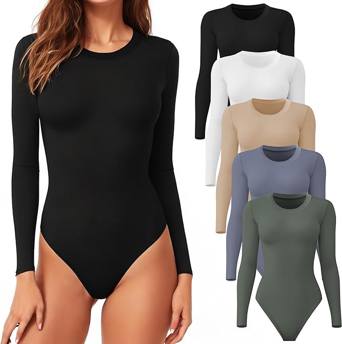 CE' CERDR 4/5 Pack Long Sleeve Bodysuit for Women Round Neck Casual Stretchy Basic Shirts Crew Ne... | Amazon (US)