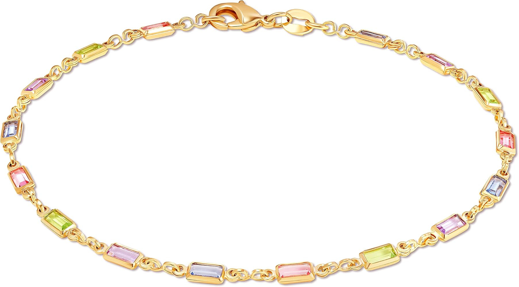 Barzel 18K Gold Plated Gold and Multi Color Crystal Baguette Anklet | Amazon (US)