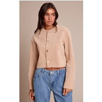 Sand Round Neck Gold Button Suede Jacket | PrettyLittleThing US