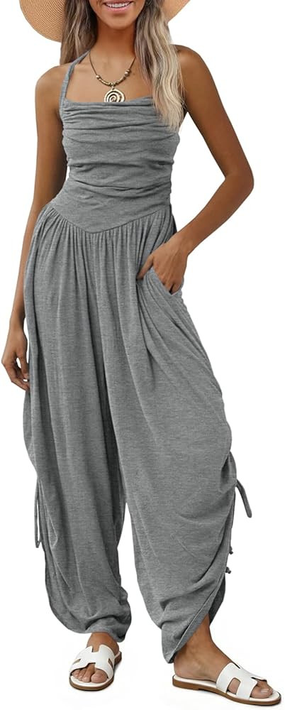 Fisoew Womens Casual Jumpsuits Summer Halter Straps Sleeveless Overalls Ruched Barrel Wide Leg Si... | Amazon (US)