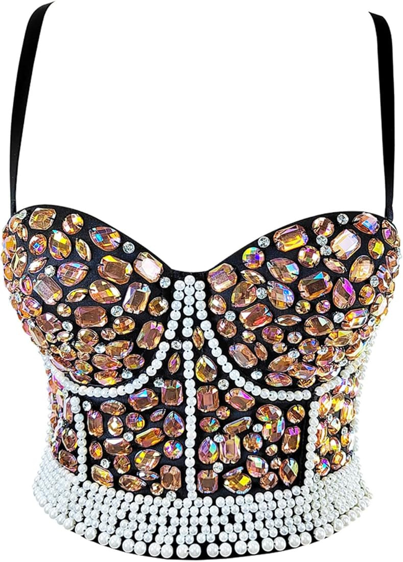 Women's Rhinestone Diamond Bead Bustier Crop Top Club Party Glitter Corset Top Bra Vest | Amazon (US)
