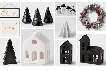 Black, white, and a pop of red Christmas holiday winter decor. Ceramic Christmas tree figurines and led houses, festive wreath and wall frame decor. Studio McGee threshold framed canvas banner art 

#LTKhome #LTKHoliday #LTKSeasonal