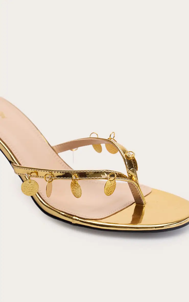 Gold Pendant Trim Detail Toe Thong Heeled Mules | PrettyLittleThing UK