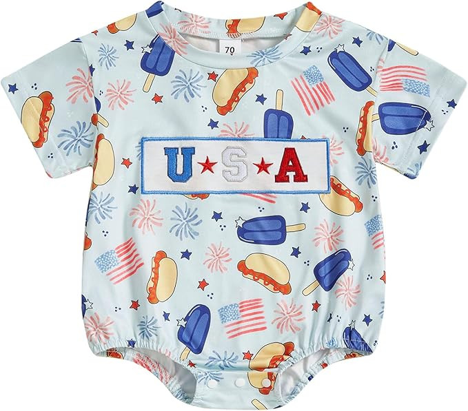 Madjtlqy Baby Boy Girl 4th of July Outfit Letter Print Short Sleeve Oversized Bubble Romper Cute ... | Amazon (US)