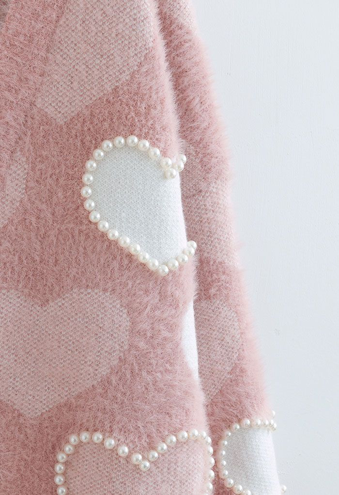 Pearly Contrast Heart Soft Fuzzy Knit Cardigan in Pink | Chicwish