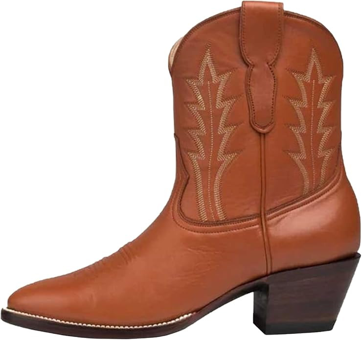 Women Cowboy Ankle Boots With Classic Embroidered Pointed Toe Chunky Heel Pull On Women's Fashion... | Amazon (US)