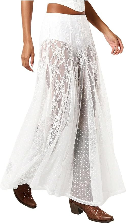 MakeMeChic Women's Lace Sheer Maxi Skirts Floral Polka Dots Ruffle Concert Boho Goth Long Skirts | Amazon (US)