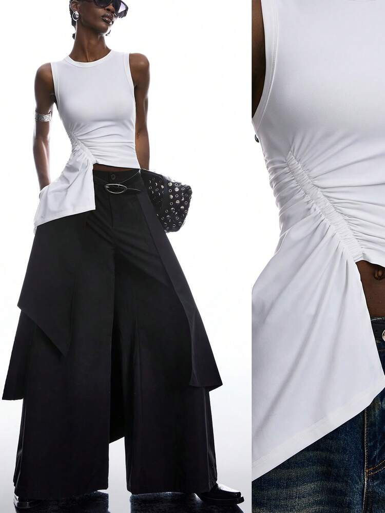 LYSMO Women's White Chic Sleeveless T-Shirt,Round Neck Ruched Asymmetric Hem Minimalism Summer Fa... | SHEIN