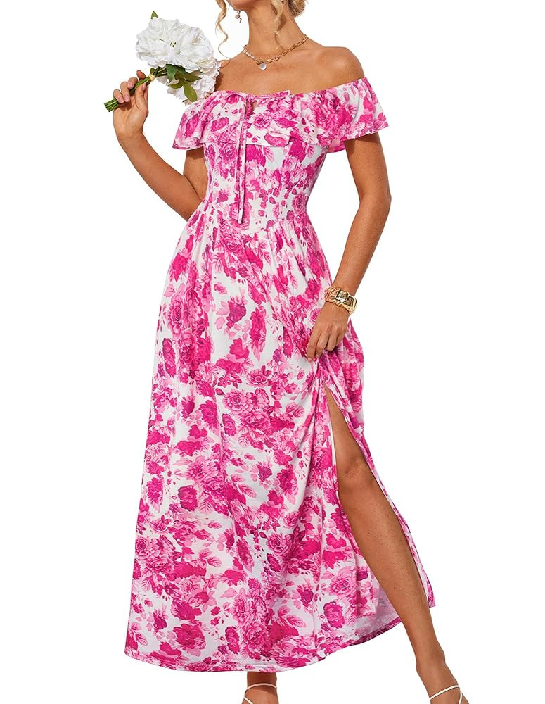 GRACE KARIN 2025 Womens Maxi Dresses Summer Off Shoulder Floral Dress Ruffle Split Beach Flowy Bo... | Amazon (US)