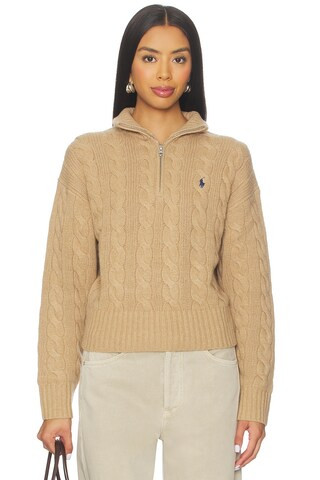 Polo Ralph Lauren Cable Wool Cashmere Half Zip Sweater in Collection Camel Melange from Revolve.c... | Revolve Clothing (Global)