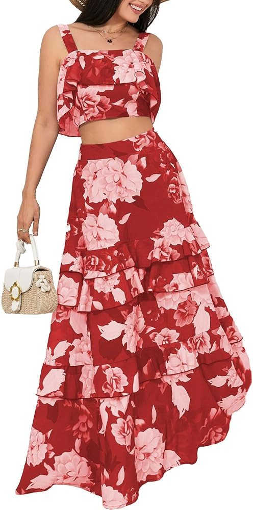SOMTHRON Women's Summer 2 Piece Outfits Floral Print Strap Crop Tops Tiered Ruffle Skirt Sets Max... | Amazon (US)